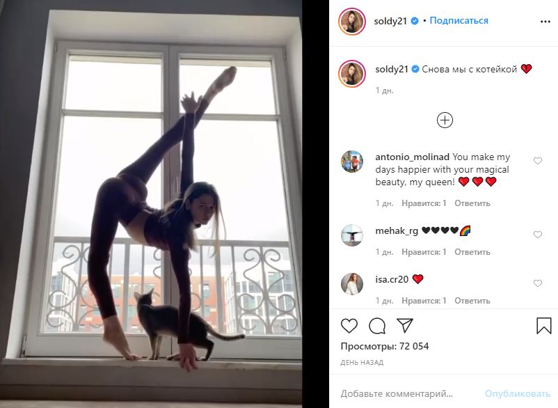 Кошка гимнастки Солдатовой отняла у нее лавры после совместного видео